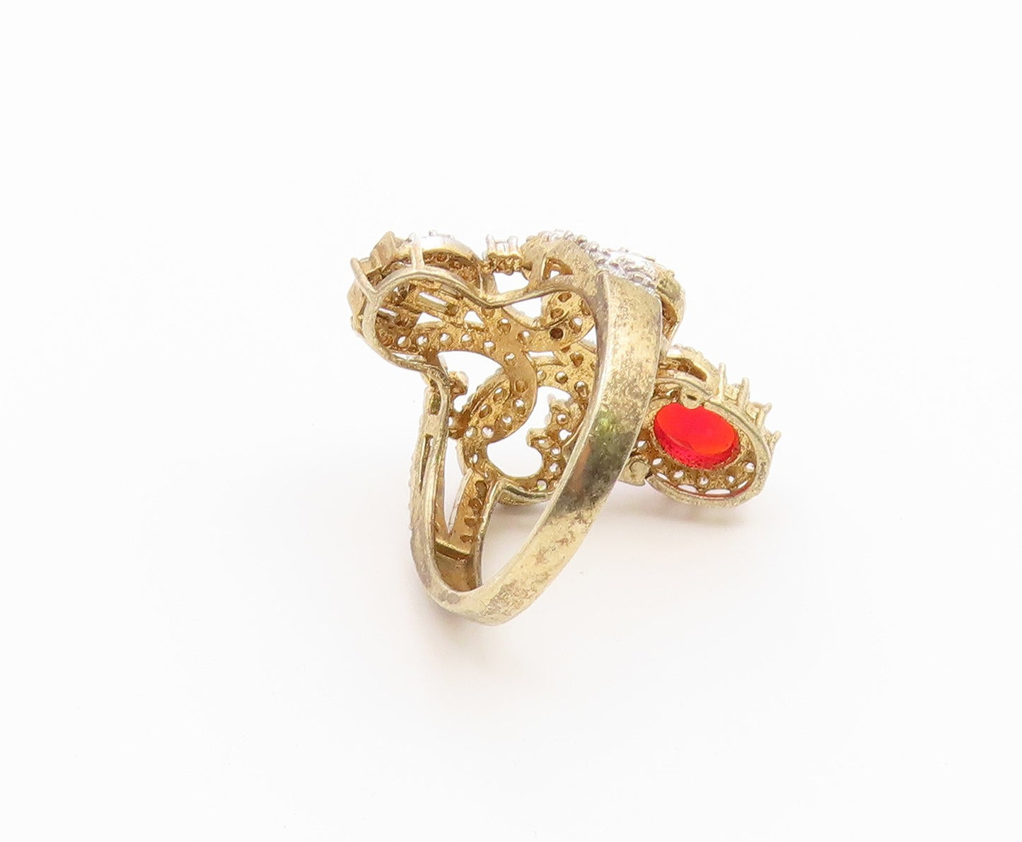 925 Sterling Silver Vintage Ring Gold Plated Ruby & CZ Openwork  Sz 7  RG36780