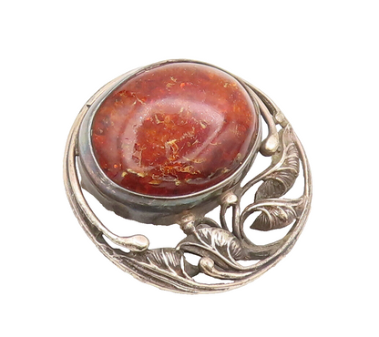 925 Silver  Vintage Swirly Cutout Leaf & Large Amber Round Brooch Pin  BP10515