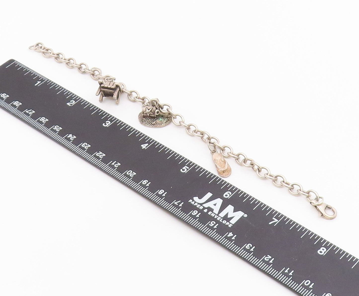 925 Sterling Silver  Vintage Beach Day Charm Round Link Chain Bracelet  BT3772