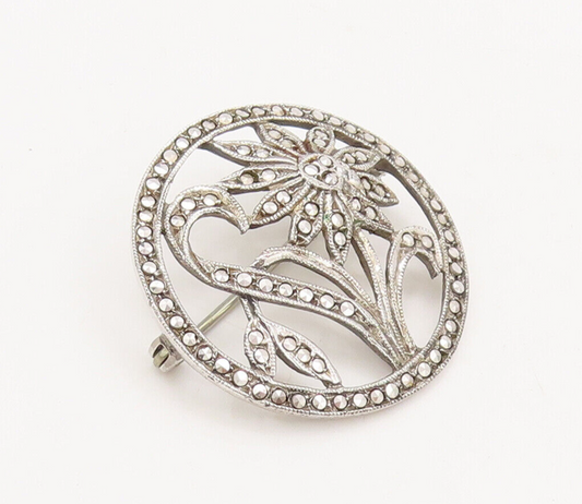 925 Sterling Silver Vintage Brooch Pin Carved Marcasite Frame Sun Flower BP10631