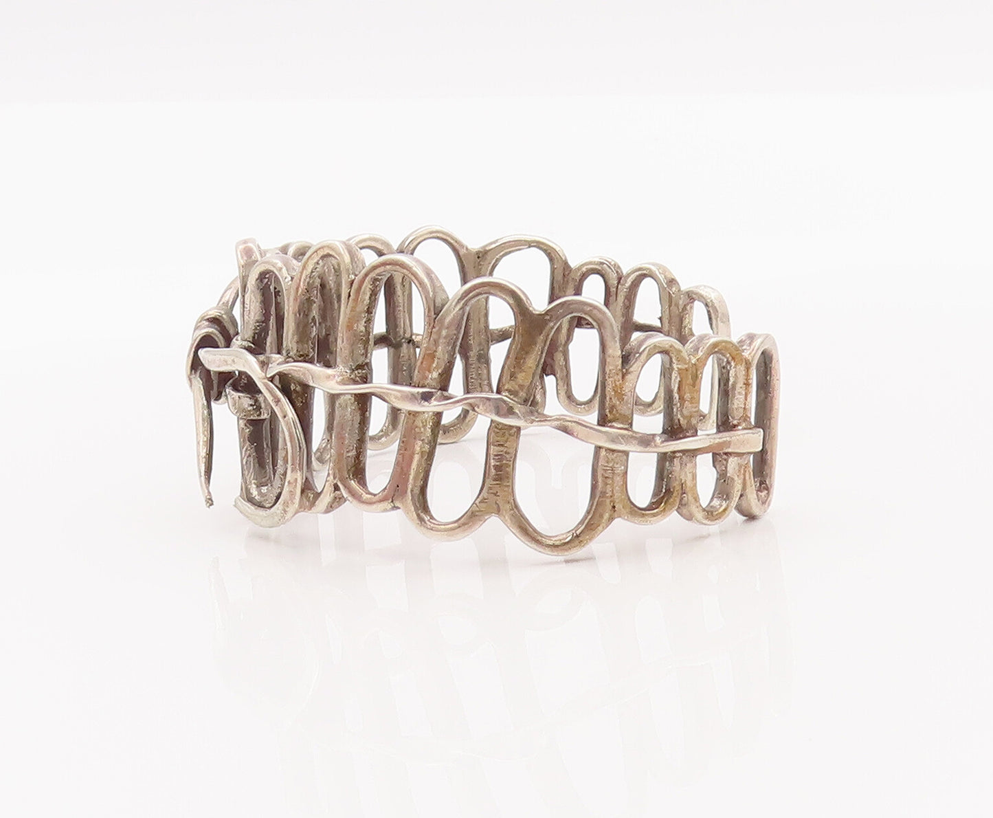 925 Sterling Silver Vintage Bracelet Solid Cutout Oval Ribboned Fence  BT10448