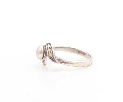 925 Sterling Silver Vintage Ring Designer Swirly Cut Topaz Inlay  Sz 8  RG31183