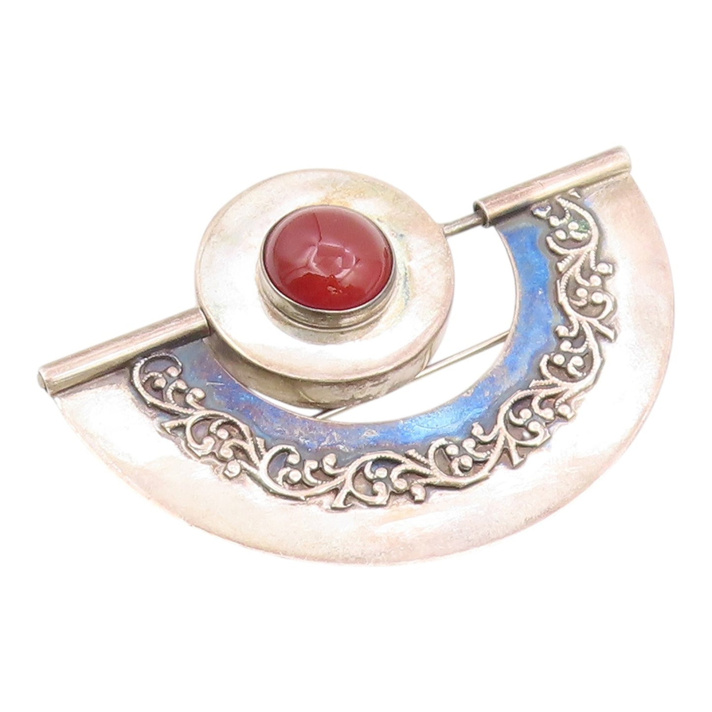 925 Sterling Silver Vintage Brooch Pin Cabochon Carnelian Filigree  BP12591