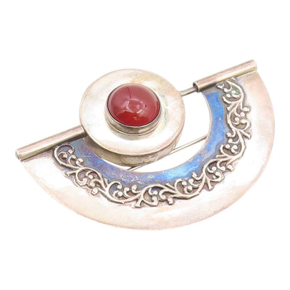925 Sterling Silver Vintage Brooch Pin Cabochon Carnelian Filigree  BP12591