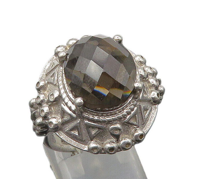 925 Sterling Silver  Vintage Faceted Smoky Topaz Cocktail Ring Sz 8  RG22406