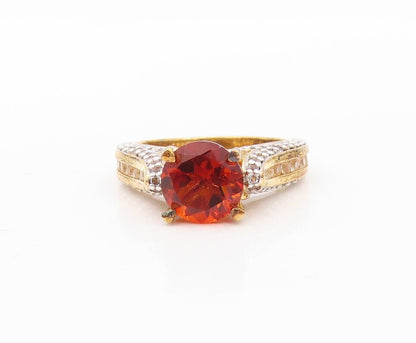925 Sterling Silver Vintage Ring Gold Plated Red & White Topaz  Sz 7  RG30193