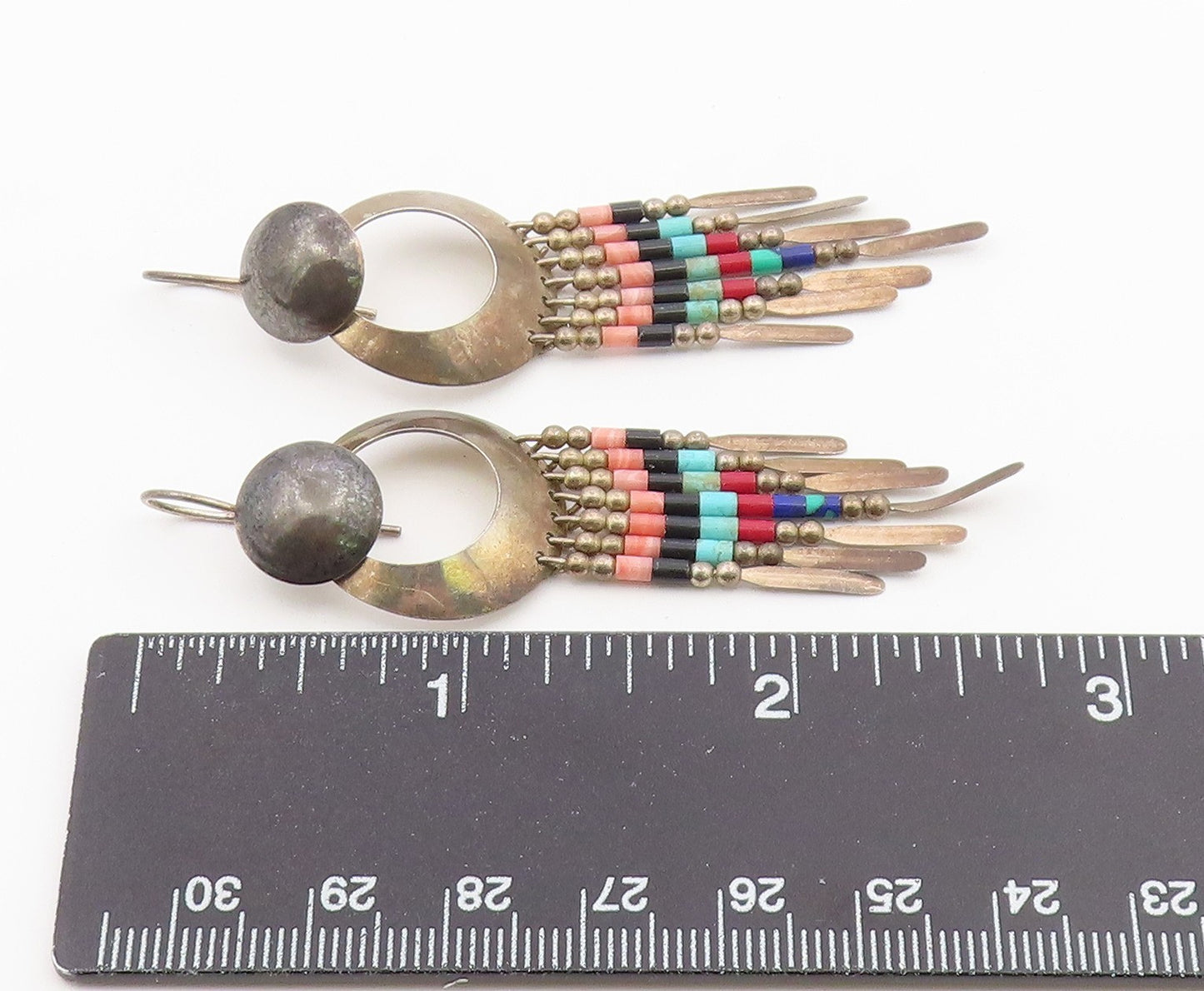 925 Sterling Silver Vintage Earrings SOUTHWESTERN Multi Gemstone Dangle  EG14501