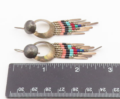 925 Sterling Silver Vintage Earrings SOUTHWESTERN Multi Gemstone Dangle  EG14501