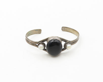 925 Sterling Silver  Vintage Black Onyx & Pearls Split Cuff Bracelet  BT6749