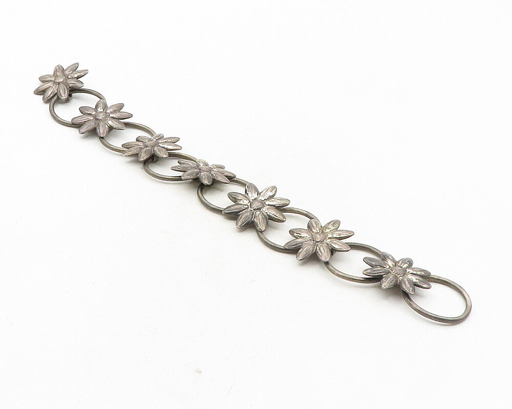 GKCO 925 Sterling Silver  Vintage Oxidized Floral Link Chain Bracelet  BT4303