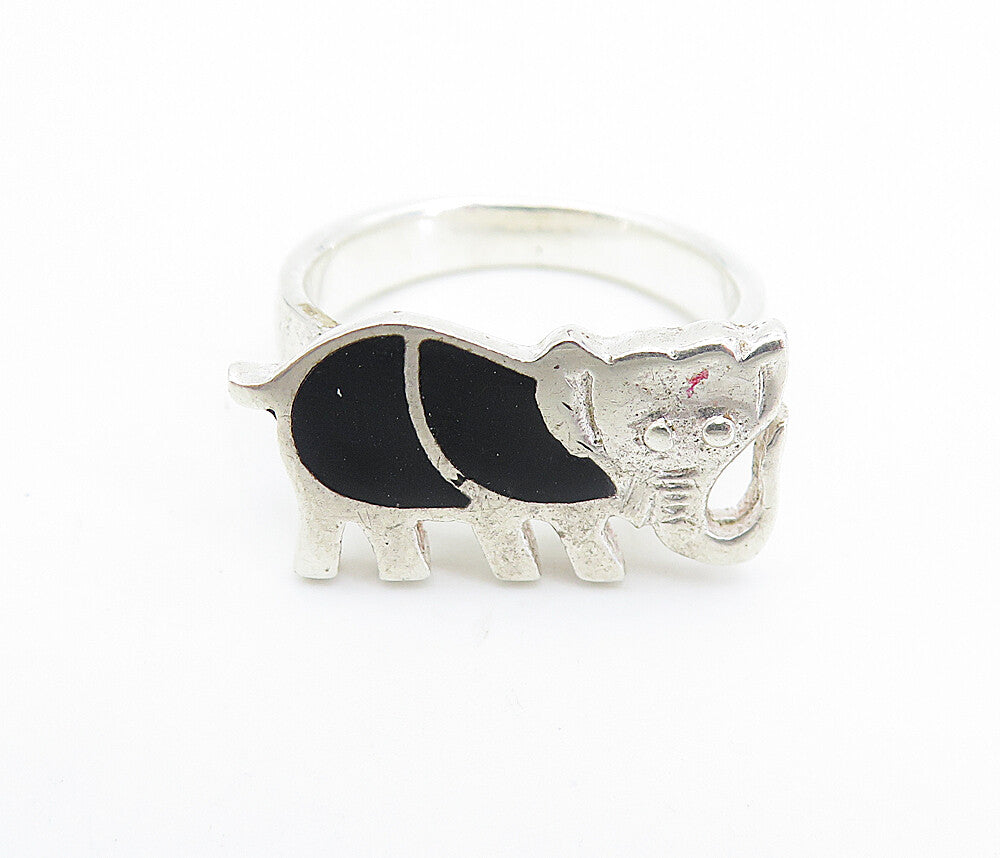925 Sterling Silver  Vintage Black Onyx Elephant Band Ring Sz 6.5  RG7725