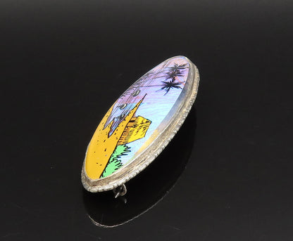 BRAZIL 925 Sterling Silver  Vintage Beach Scenery Art Glass Brooch Pin  BP9804