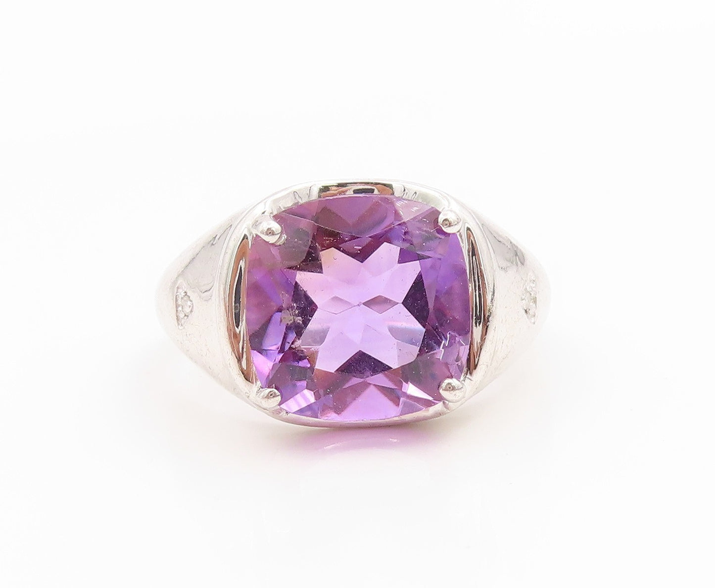 925 Sterling Silver Vintage Ring Real Diamonds & Amethyst Band  Sz 10  RG36051