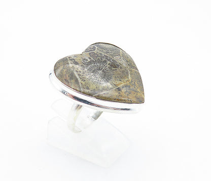 925 Sterling Silver  Love Heart Shaped Jasper Shiny Cocktail Ring Sz 9  RG7745