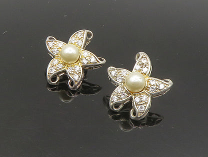 925 Silver  Vintage Cultured Pearl & Topaz Starfish Drop Earrings  EG11499