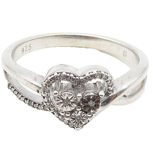 925 Sterling Silver  Genuine Diamonds Love Heart Shiny Band Ring Sz 7  RG17670