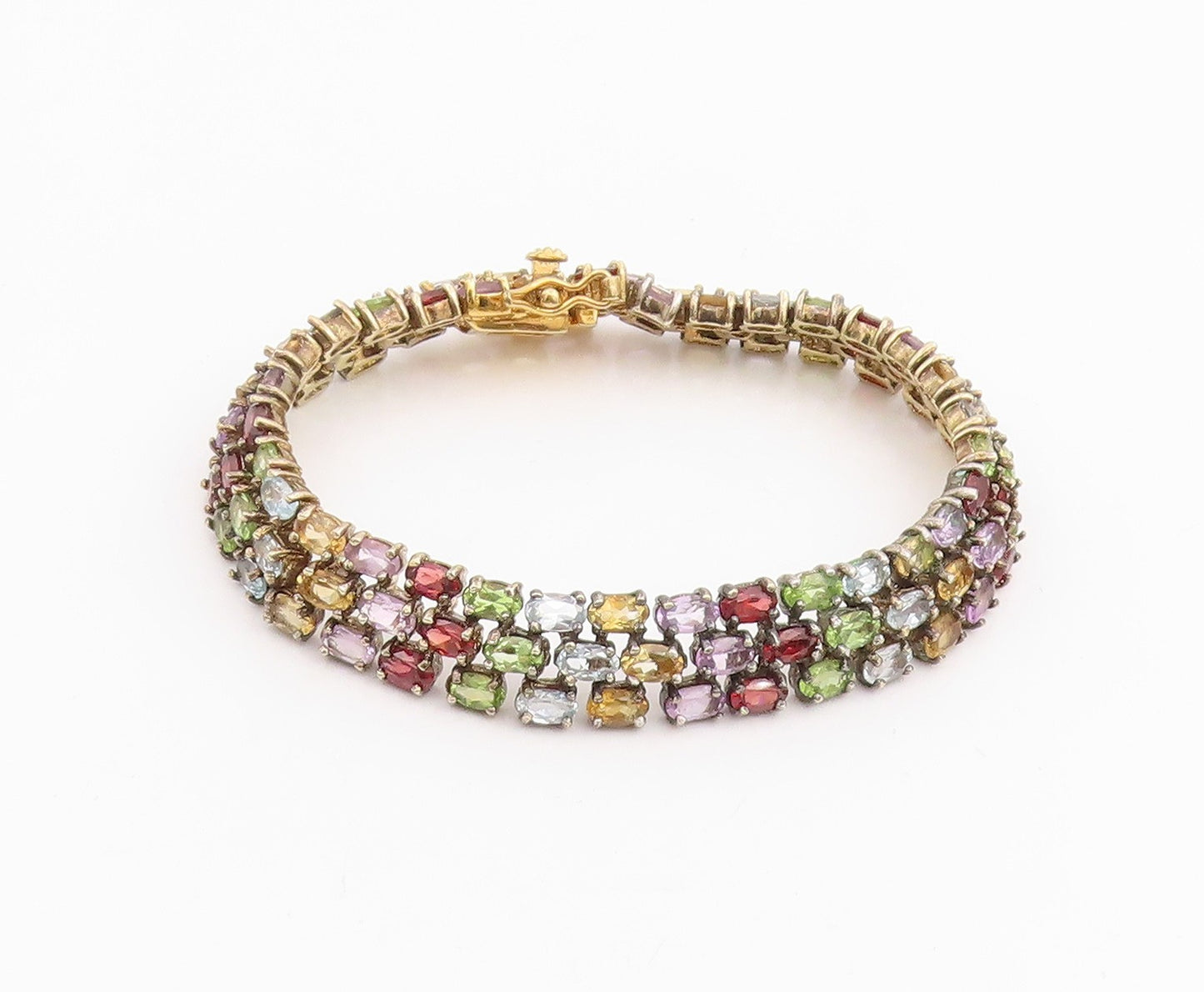 925 Sterling Silver Vintage Bracelet Gold Plated Multi Gemstone Link  BT11833
