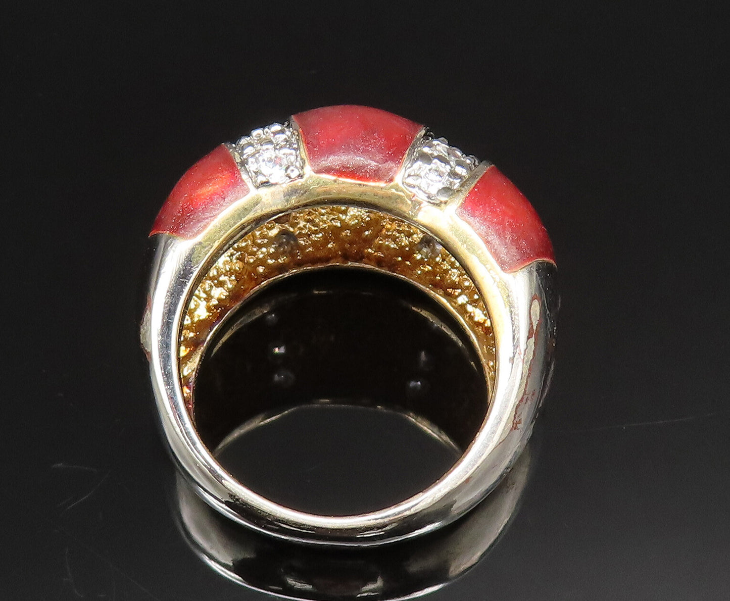 925 Sterling Silver  Vintage Enamel & Cubic Zirconia Dome Ring Sz 5  RG25379