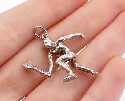 925 Sterling Silver  Vintage Shiny Sculpted Tennis Player Pendant  PT4764