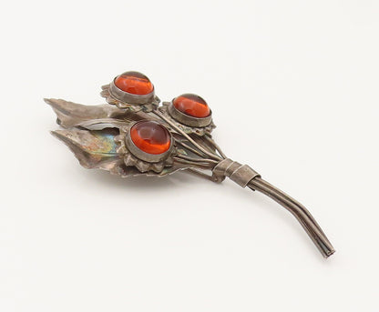 925 Silver  Vintage Cabochon Citrine Flower & Leaf Bouquet Brooch Pin  BP10268