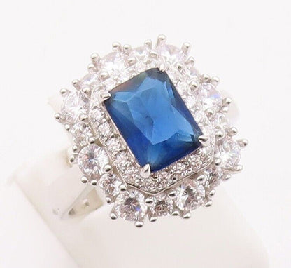 925 Sterling Silver Vintage Ring Rectangle Cut Sapphire Halo CZ  Sz 7  RG29986