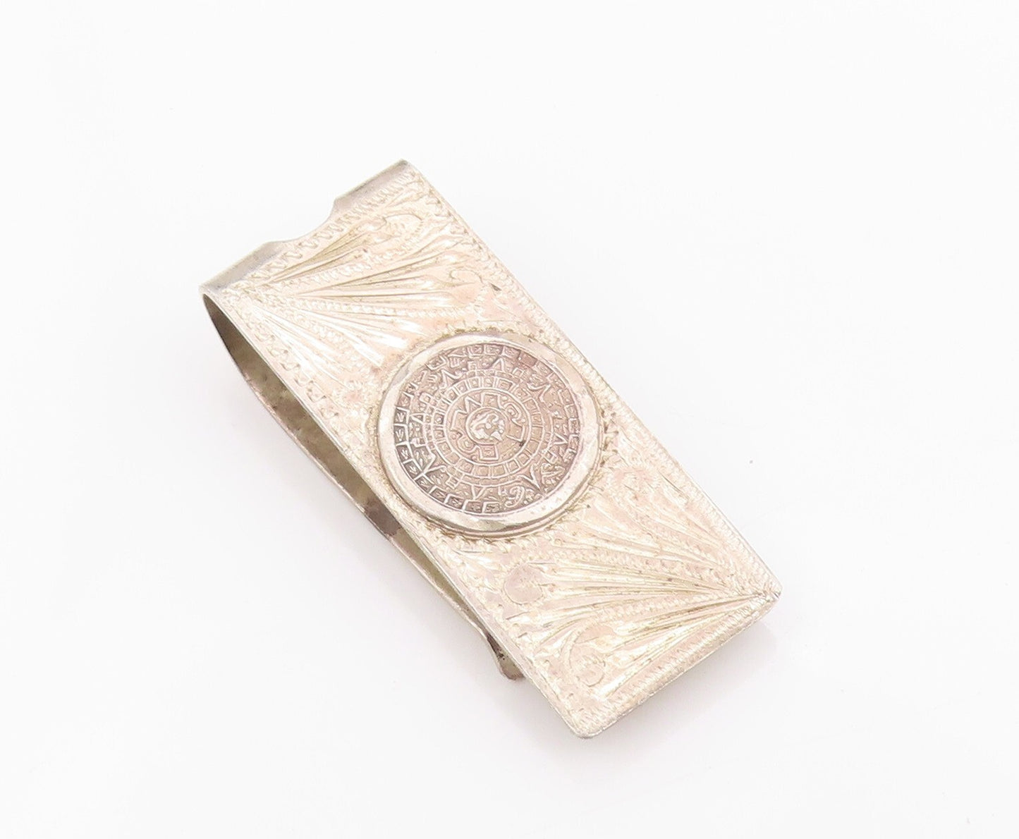 925 Sterling Silver Vintage Money Clip Dark Tone Floral Carved Aztec Sun  TR3869