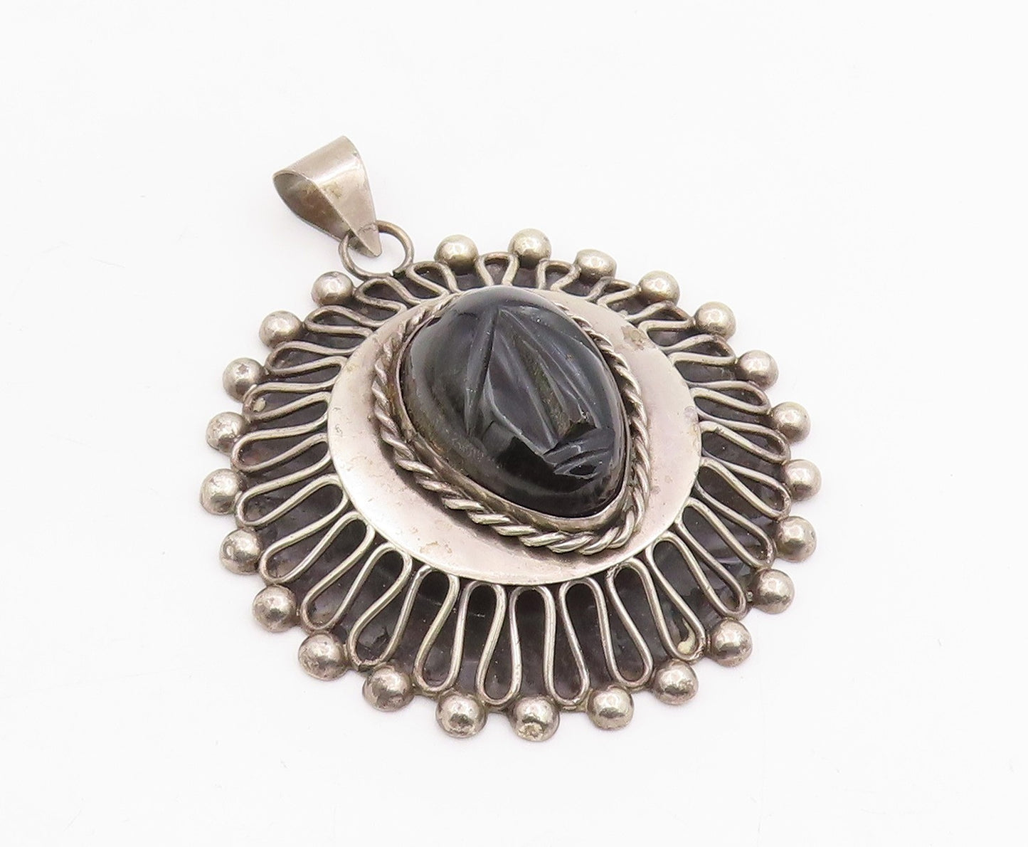 925 Sterling Silver Vintage Pendant MEXICO Carved Onyx Mayan Tribal Face PT25733