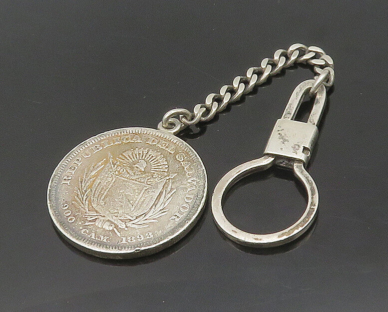 925 Sterling Silver  Vintage Shiny El Salvadorian Coin Key Chain  TR2632