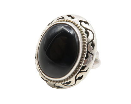 MEXICO 925 Silver  Vintage Black Onyx Floral Vine Cocktail Ring Sz 6.5 RG12171