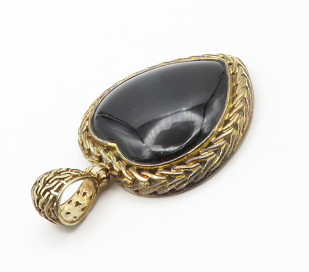 925 Sterling Silver  Vintage Cabochon Black Onyx Love Heart Pendant  PT11716
