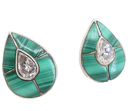 925 Silver   Vintage Cubic Zirconia & Malachite Non Pierce Earrings  EG4396