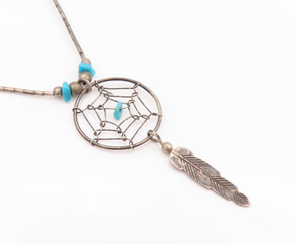 925 Sterling Silver Vintage Necklace Antique Turquoise Dream Catchers  NE4558