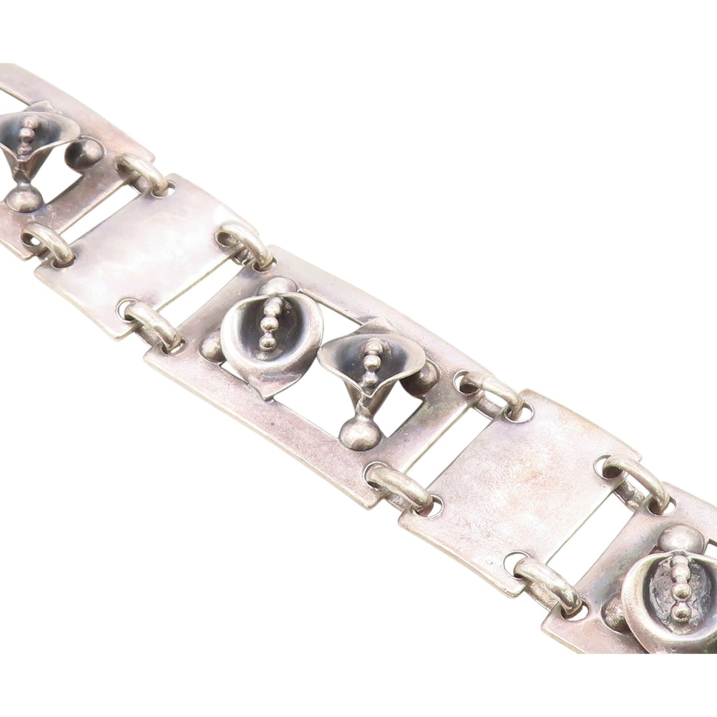 925 Sterling Silver Vintage 3D Flowers Hammered Rectangle Link Bracelet BT9593