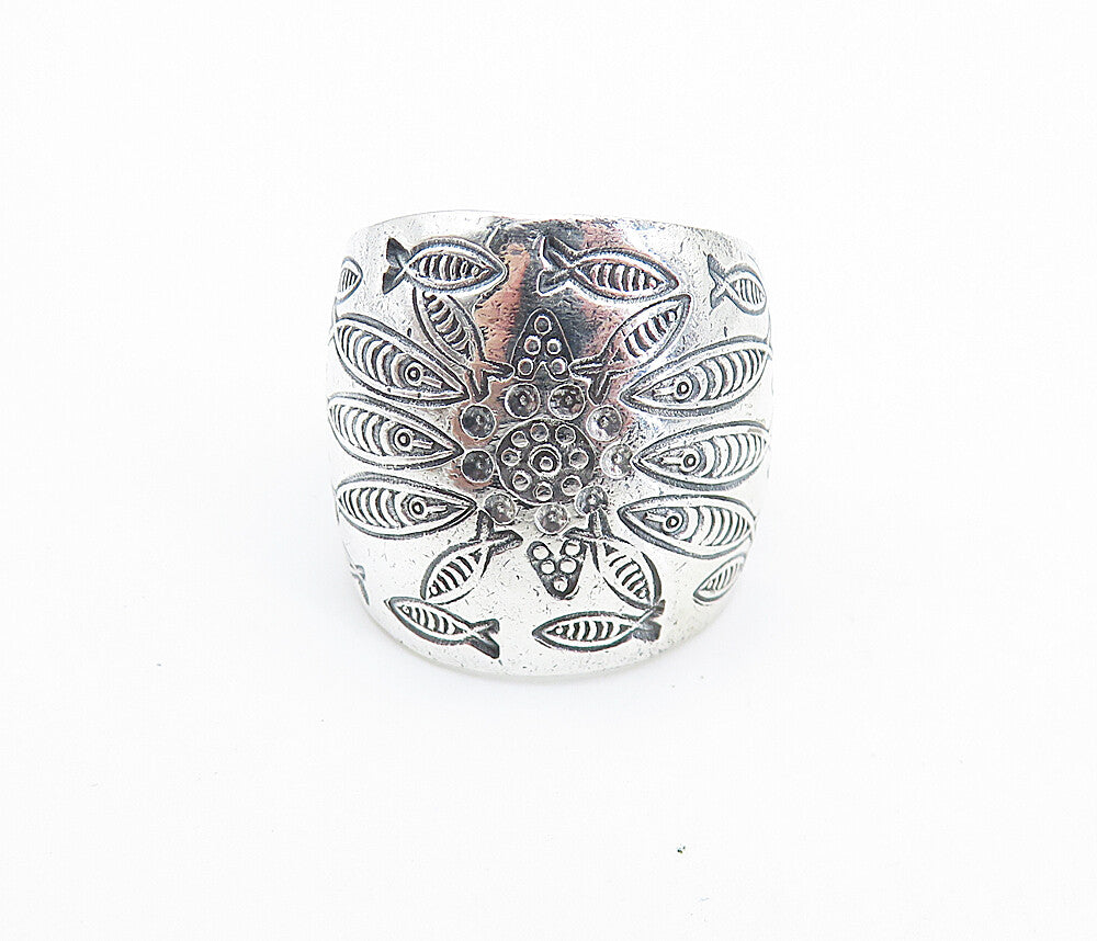 925 Sterling Silver  Shiny Etched Fish Pattern Wide Band Ring Sz 8.5  RG8085
