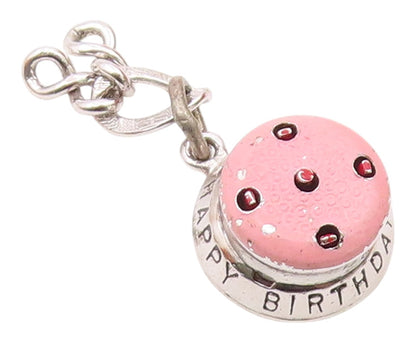 WELLS 925 Sterling Silver  Vintage Enamel Happy Birthday Cake Pendant  PT17188