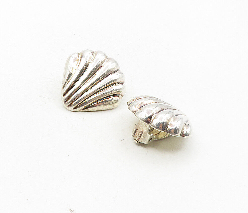 MEXICO 925 Sterling Silver  Vintage Shiny Scalloped Non Pierce Earrings EG4851