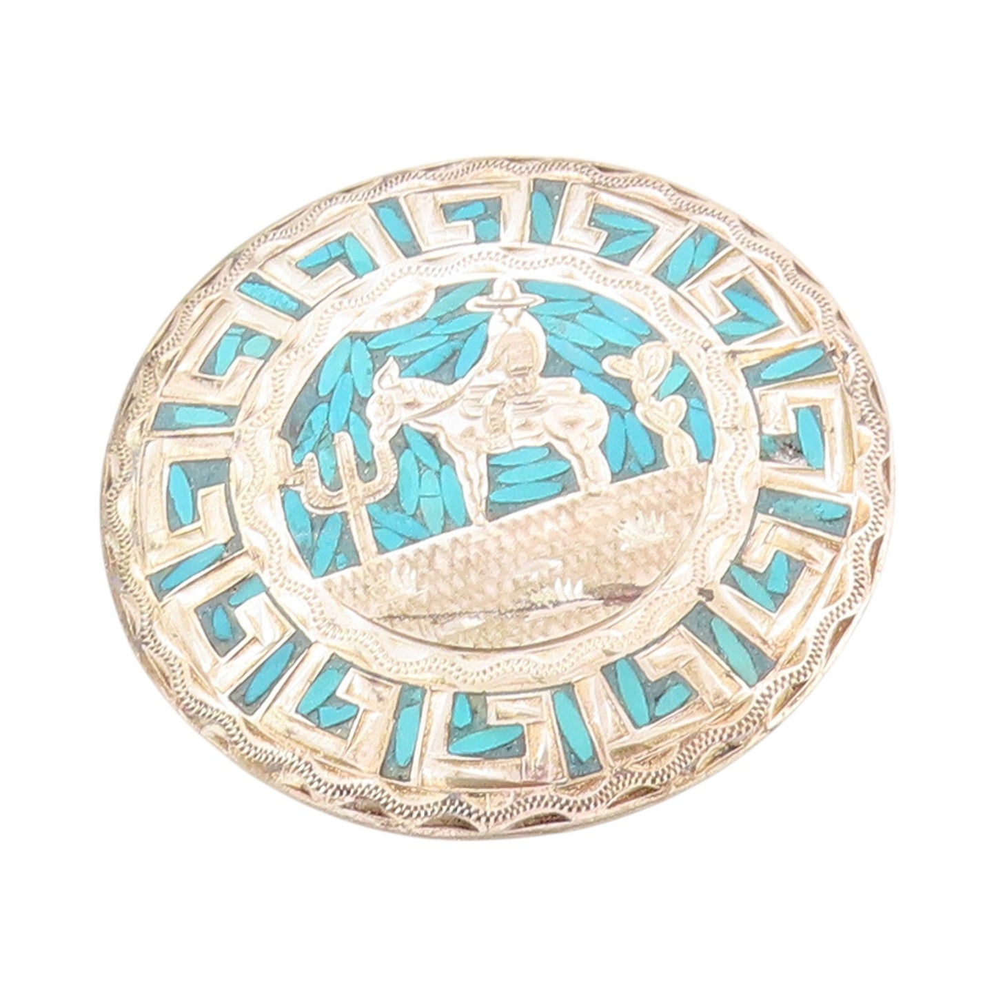925 Sterling Silver Vintage Brooch MEXICO Crushed Turquoise Landscape  BP11541