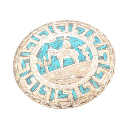 925 Sterling Silver Vintage Brooch MEXICO Crushed Turquoise Landscape  BP11541