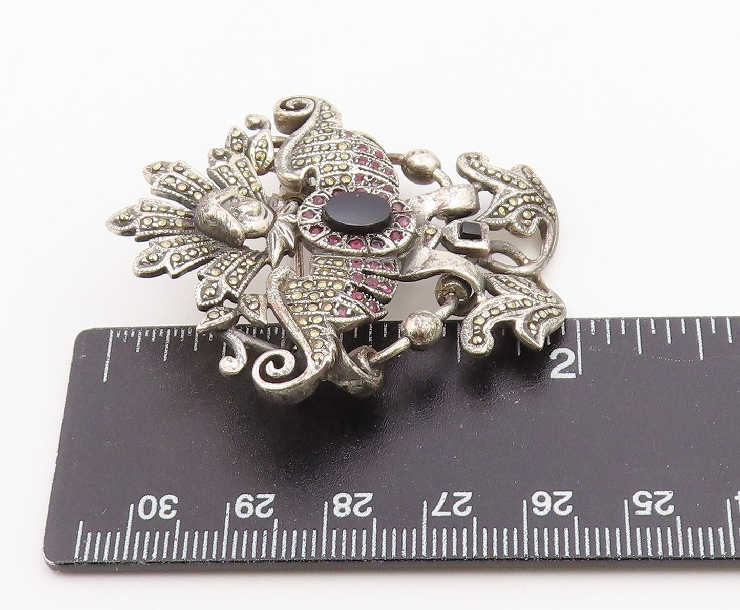 925 Sterling Silver Vintage Brooch Pin Onyx  & Ruby Winged Goddess  BP12590