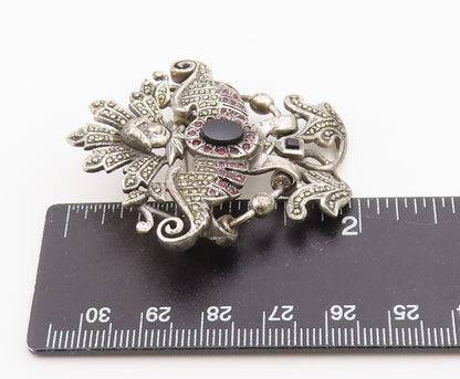 925 Sterling Silver Vintage Brooch Pin Onyx  & Ruby Winged Goddess  BP12590