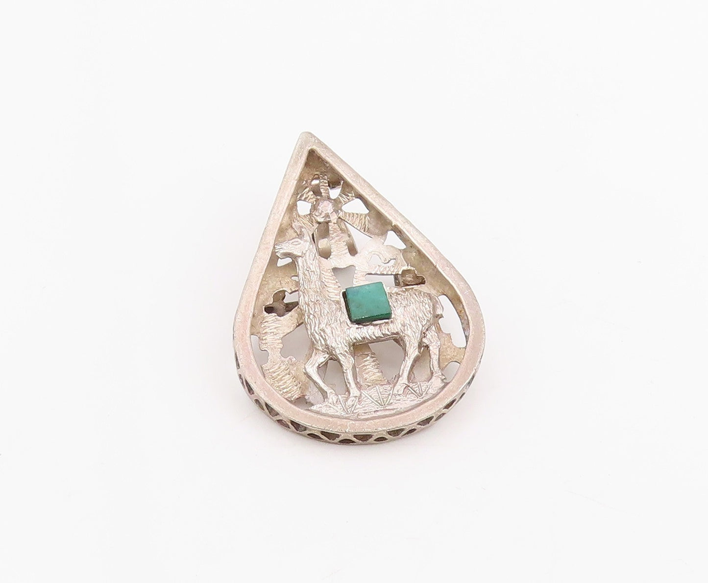 925 Sterling Silver Vintage Brooch Malachite Carved Llama Teardrop Pin  BP12089