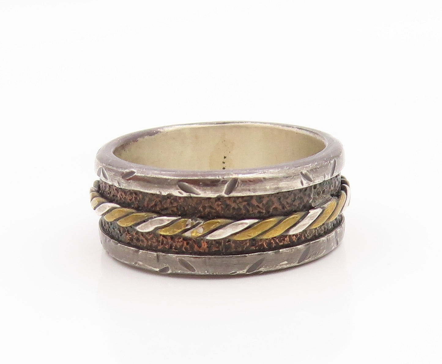 925 Sterling Silver Vintage Ring Two Tone Twisted Wide Band  Sz 12.5  RG35600