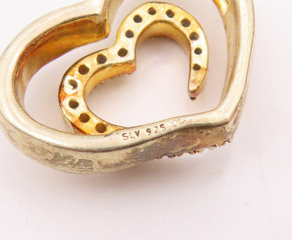 925 Sterling Silver Vintage Genuine Diamonds Double Love Heart Pendant PT20846