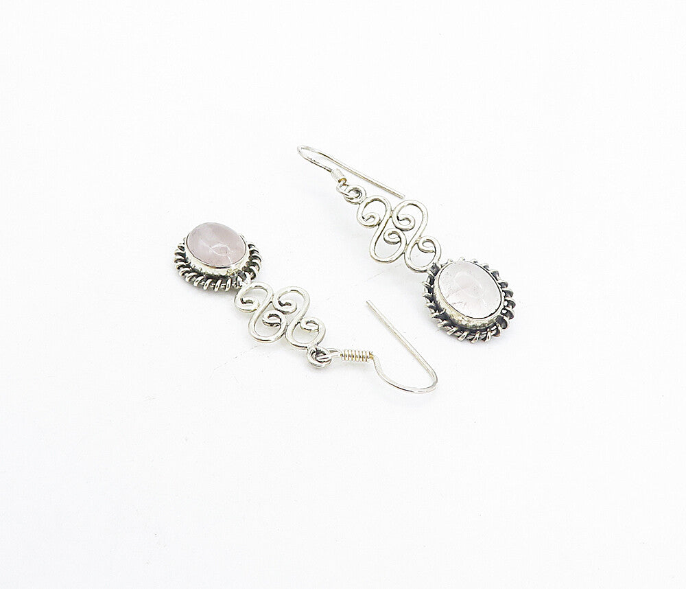 925 Sterling Silver  Vintage Cabochon Cut Quartz Swirl Drop Earrings  EG3437