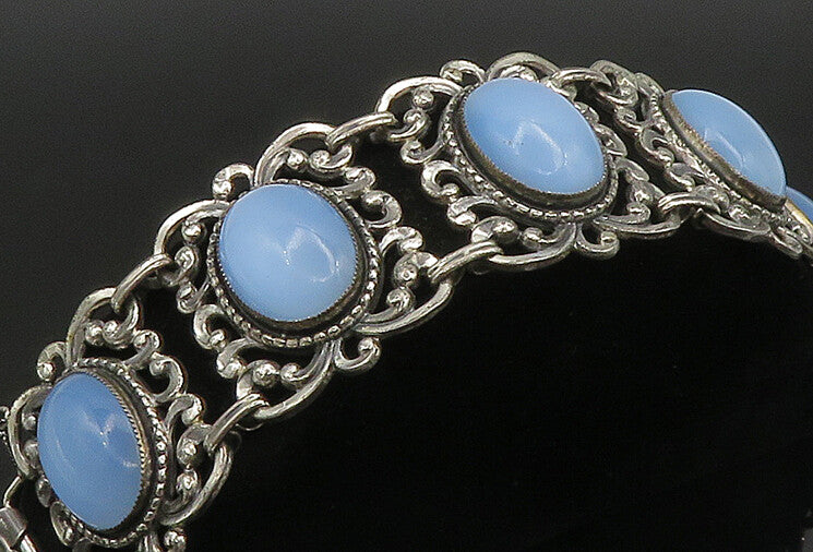 DANECRAFT 925 Sterling Silver  Vintage Blue Glass Swirl Chain Bracelet  BT9171
