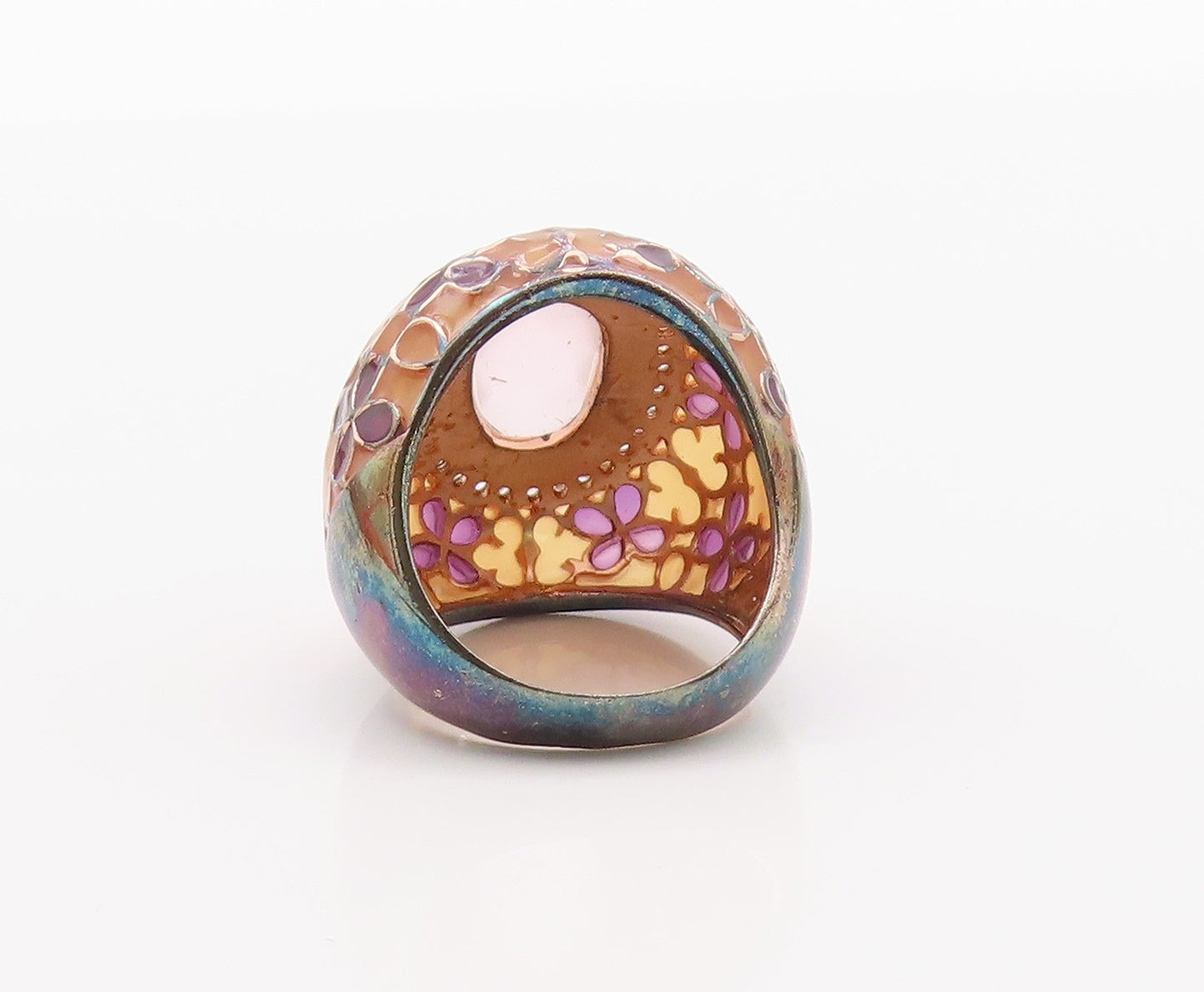 925 Sterling Silver Vintage Ring Floral Enamel Rose Quartz Band  Sz 8.5  RG36384