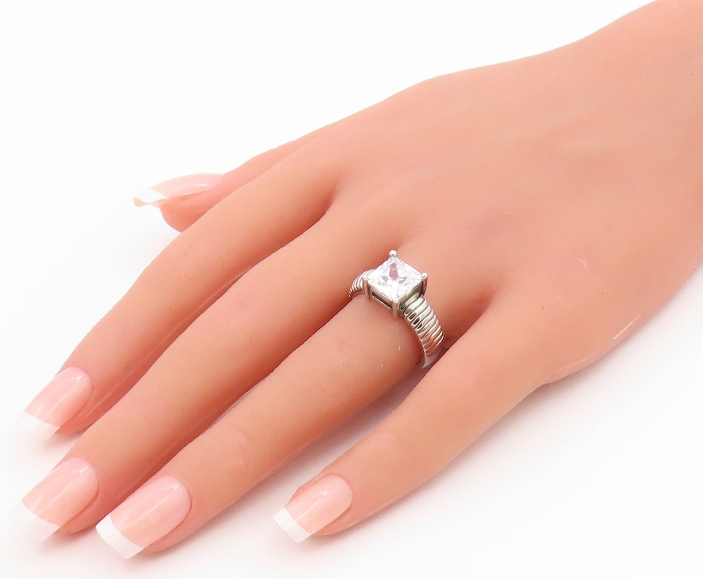 925 Sterling Silver Vintage Ring Square Cut CZ Ribbed Band  Sz 7.5  RG35630