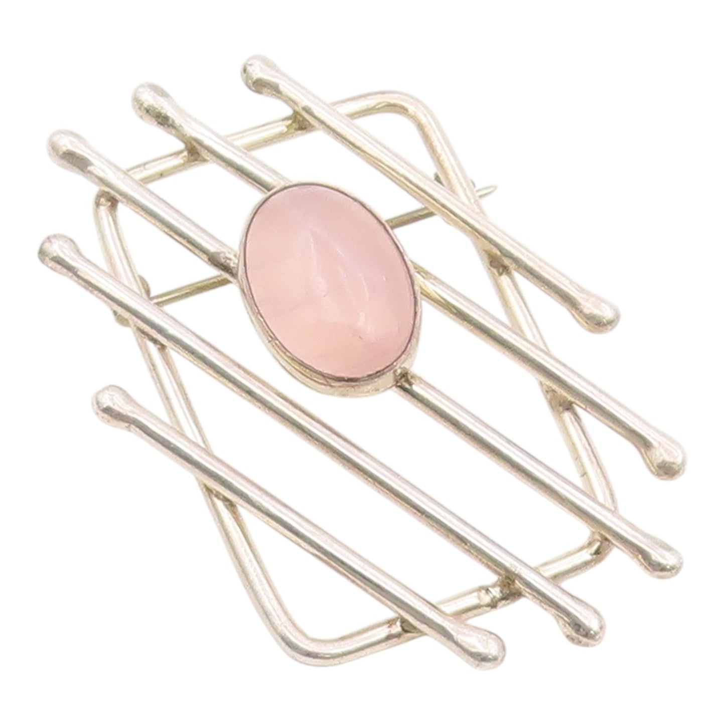 925 Sterling Silver Vintage Brooch Pin Rose Quartz Geometric Lattice  BP12596
