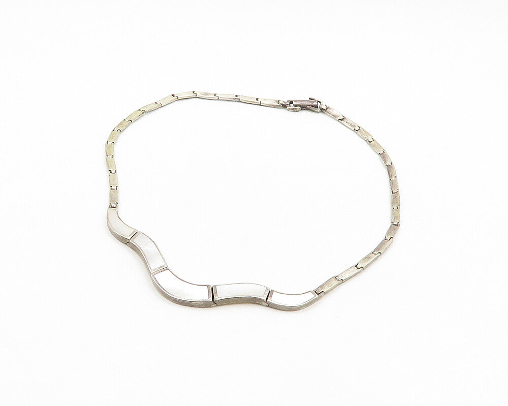 925 Sterling Silver  Vintage Inlaid Mother Of Pearl Chain Necklace  NE3232