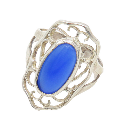 925 Sterling Silver  Vintage Blue Stone Floral Cocktail Ring Sz 8  RG18308